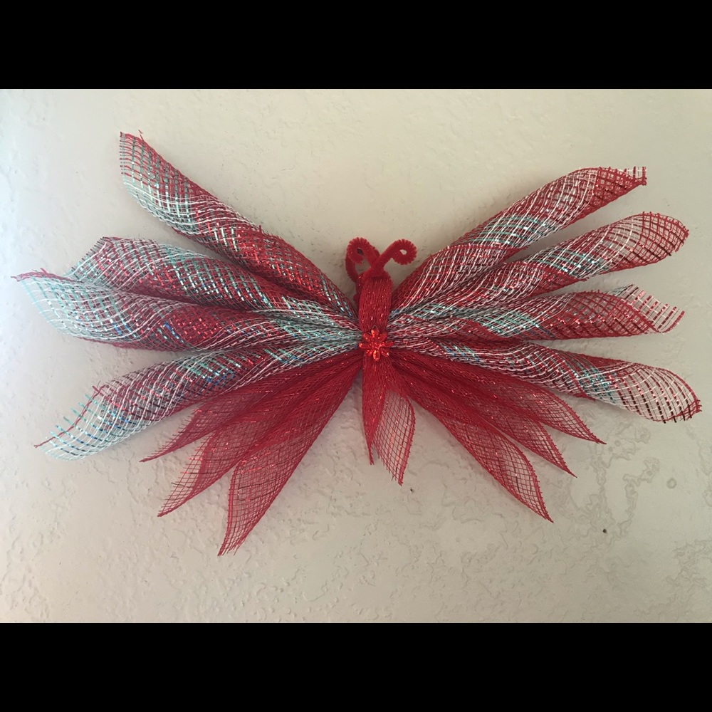 SALE! ⭐️ Deco mesh butterfly wall hanging, red and teal